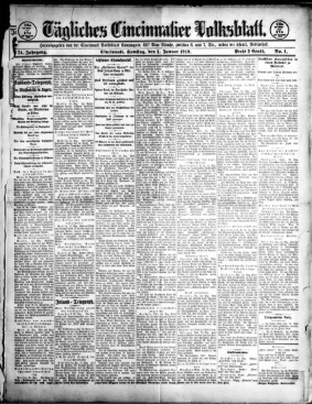Front page of a historical German-language newspaper printed in Cincinnati, Ohio.