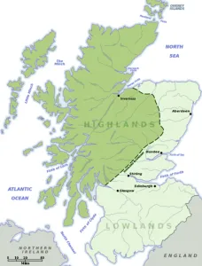 Map showing historical Scottish clan territories in the Highlands and Lowlands