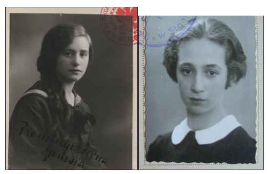 Photos of Genesia Preminger (1929) and Sabina Horowits (1937) from their school certificates.