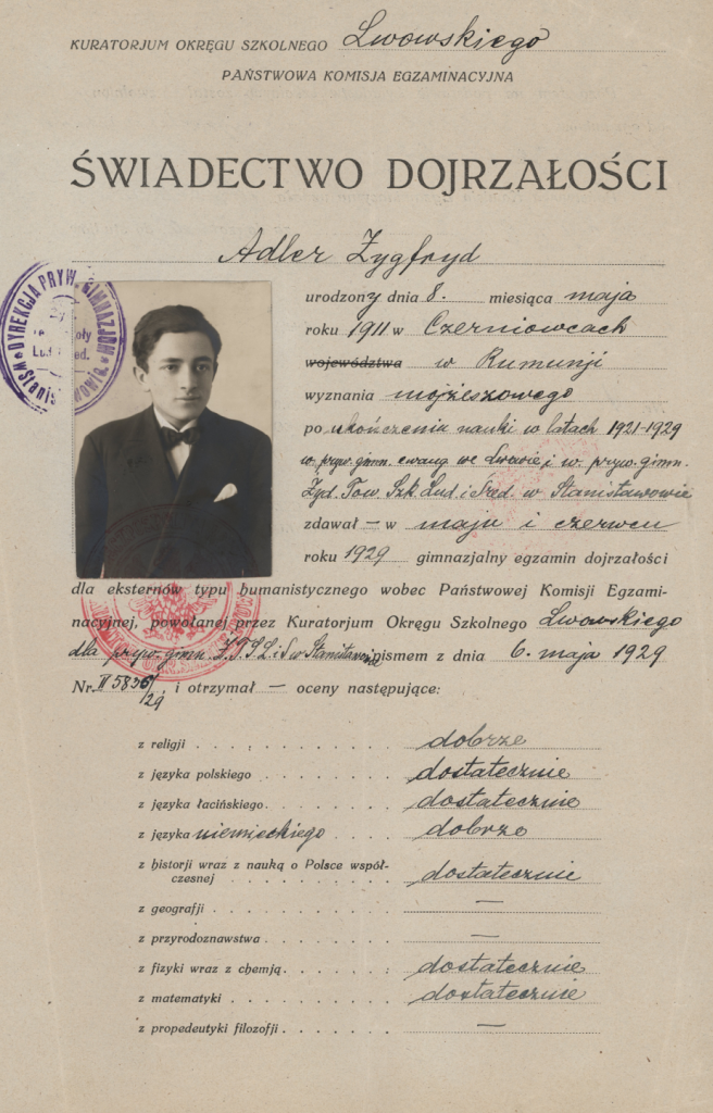 Zygfryd Adler's graduation certificate from Stanislawow High School, 1929