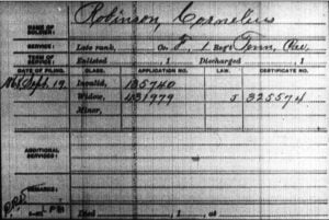 Civil War pension file index card for Cornelius Robinson from Fold3.com.
