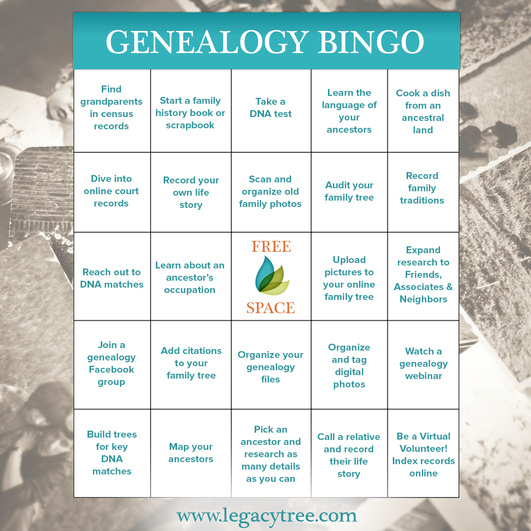 coronavirus quarantine activities - free genealogy bingo game